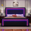 LUXOAK Queen Size LED Platform Bed Frame With Upholstered Design, Featuring 4 Storage Drawers, Vertically Channeled Adjustable Headboard, Box Spring Not Required