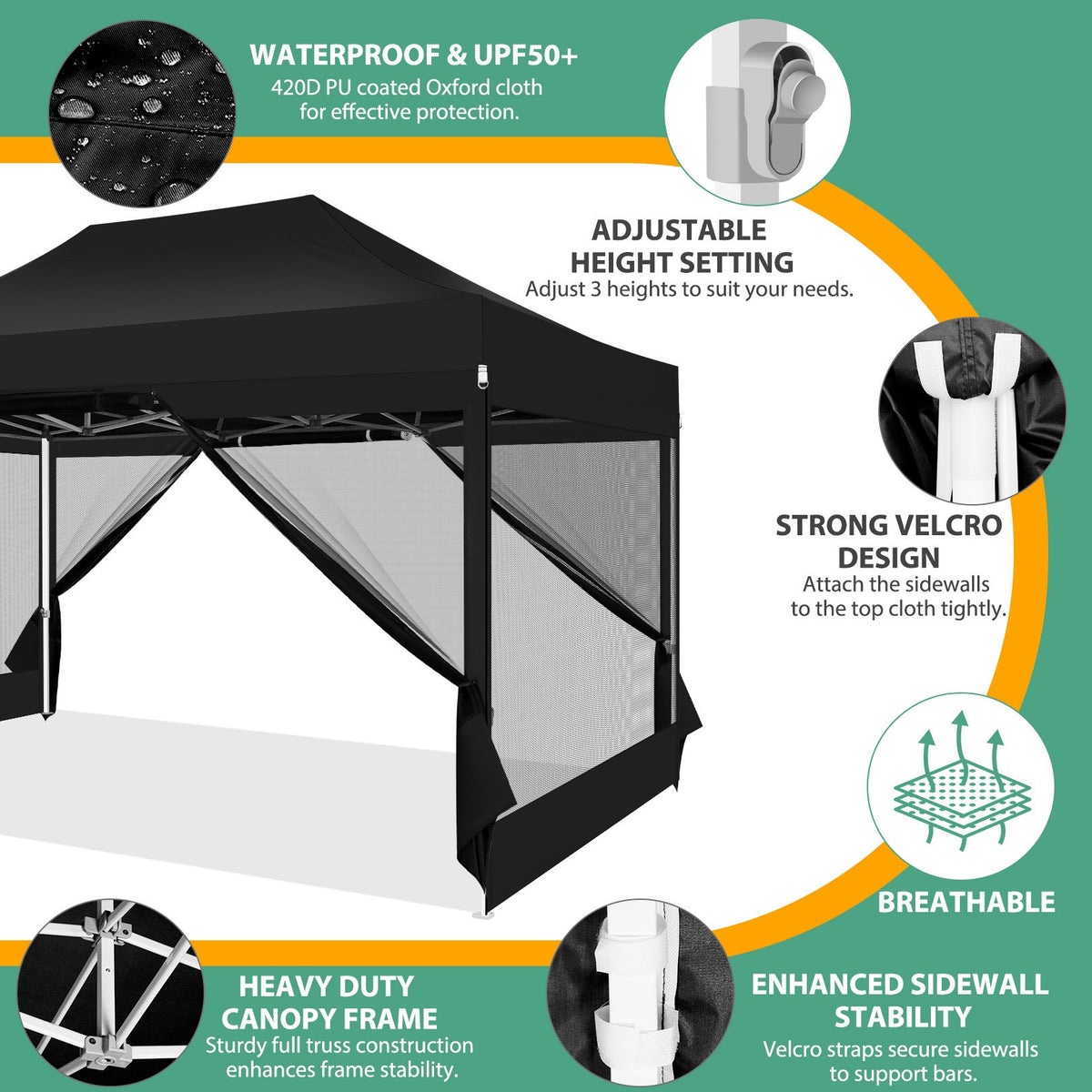 Hoteel 10x15 Heavy Duty Pop Up Canopy Tent with 4 Sidewalls, Commercial Gazebo Party Tent with Mosquito Netting Wall Easy Up Outdoor Instant Screen Tent for Backyard, Beach, Patio, Garden