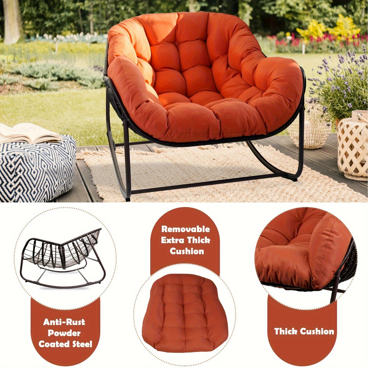 Papasan Rocking Chair Outdoor, All Weather Wicker Papasan Patio Chair with Cushion And Pillow, Heavy Duty Metal Oversized Papasan Rocker Egg Chair for Garden, Patio