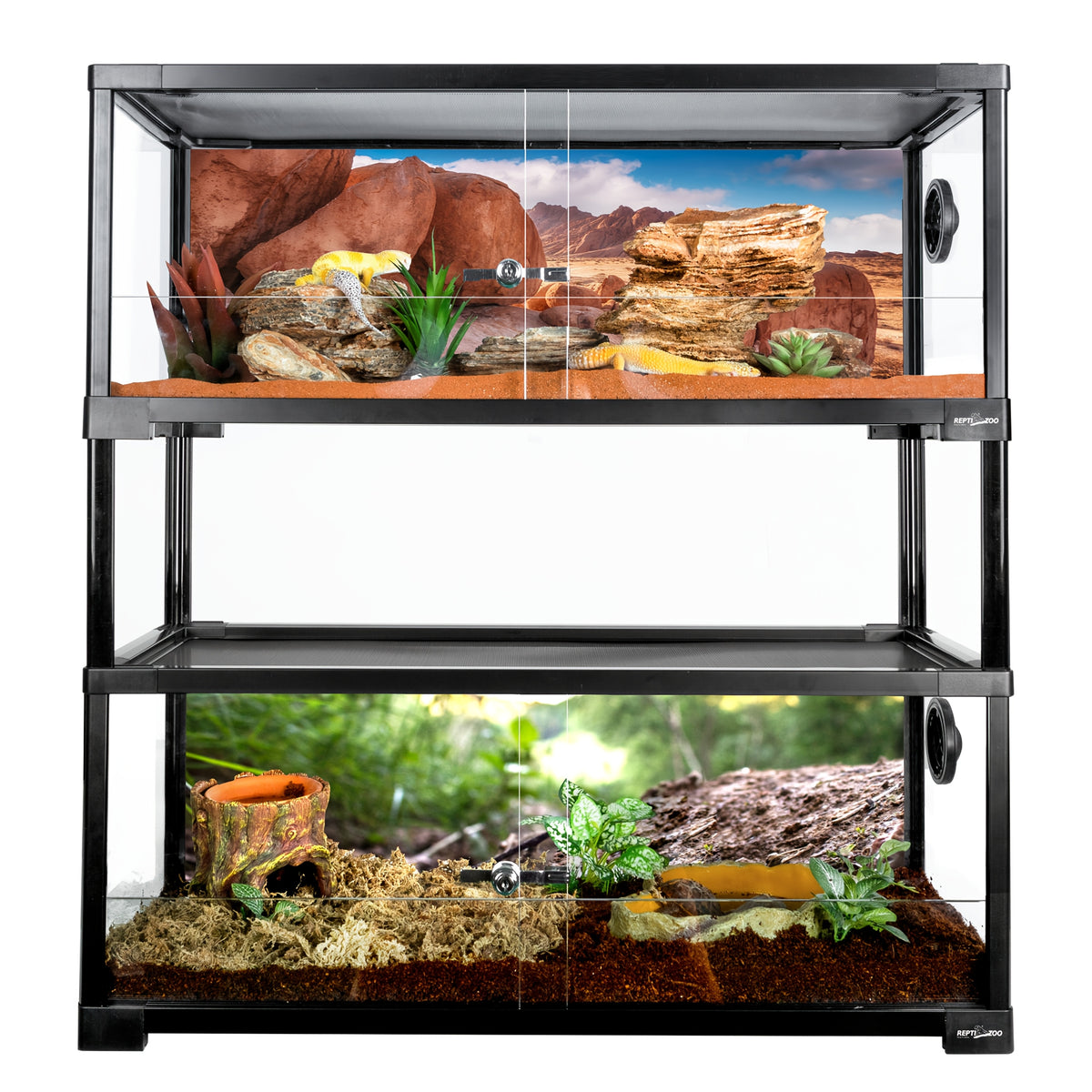 REPTI ZOO Double Stacked Reptile Tank, 30" X 12" X 12" Tall Reptile Terrarium, Front Opening, Full Vision, Knock Down, 2 Pack 20 Gallon Glass Cage for Reptile, Bearded Dragon, Lizard, Gecko
