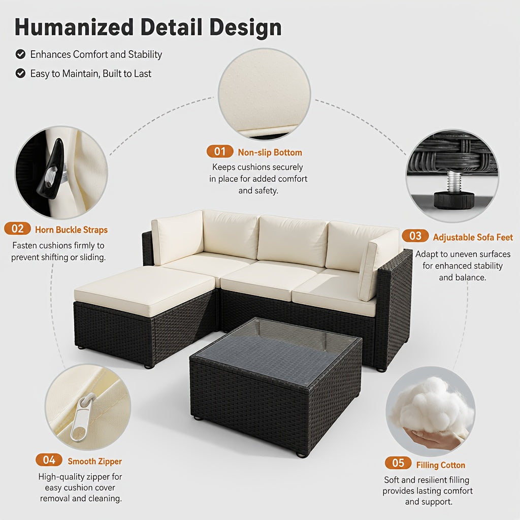 Outdoor Patio Sofa Set in L-Shaped 5- or 6-Piece Design for Backyard and Poolside Lounging