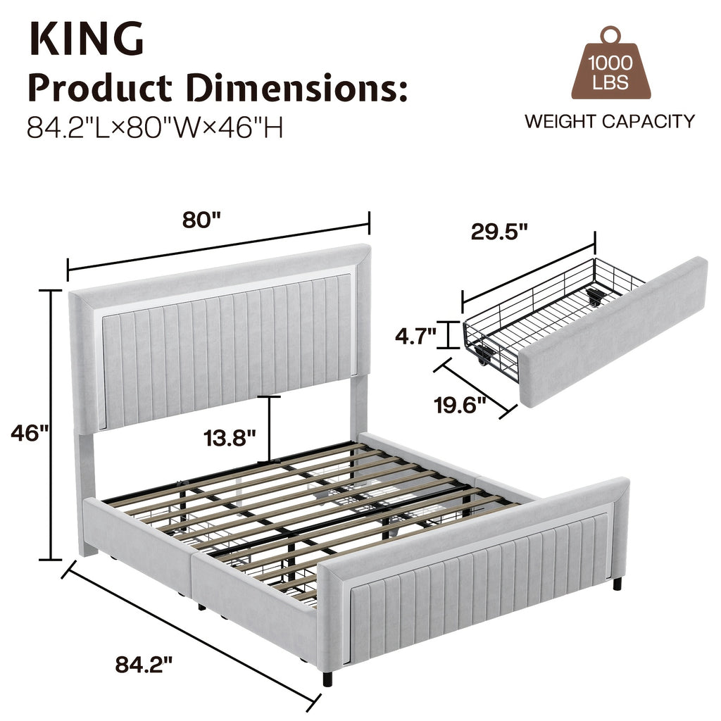 LUXOAK Queen Size LED Platform Bed Frame With Upholstered Design, Featuring 4 Storage Drawers, Vertically Channeled Adjustable Headboard, Box Spring Not Required