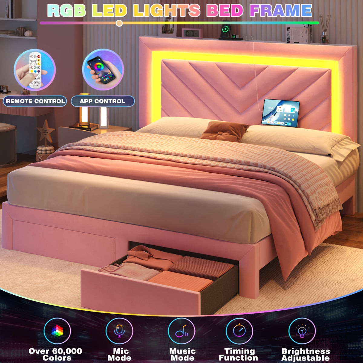 Pink Bed Frame with LED Headboard and Charging Station, 2 Storage Drawers, No Box Spring Needed, Noise Free
