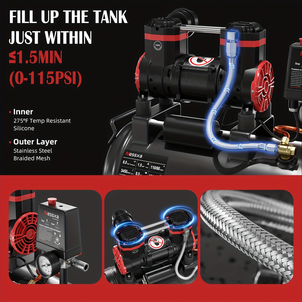 8 Gallon Ultra Quiet Air Compressor, 1.5HP 4.52 CFM, Max 115 PSI Oil-Free Air Compressor Tank for Car Repair, Spray Painting, Woodwork Nailing, 110V/60Hz, 70dB