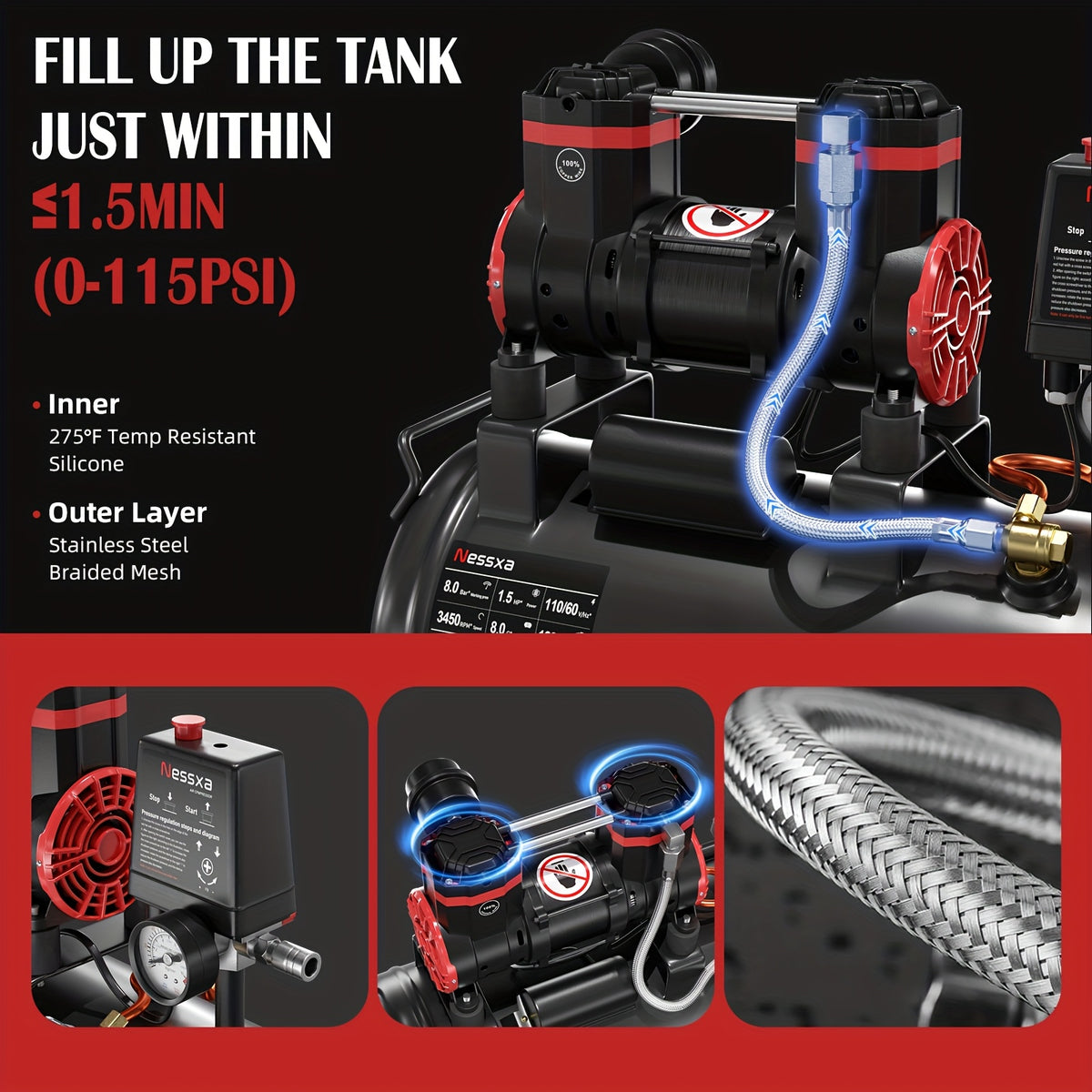 8 Gallon Ultra Quiet Air Compressor, 1.5HP 4.52 CFM, Max 115 PSI Oil-Free Air Compressor Tank for Car Repair, Spray Painting, Woodwork Nailing, 110V/60Hz, 70dB