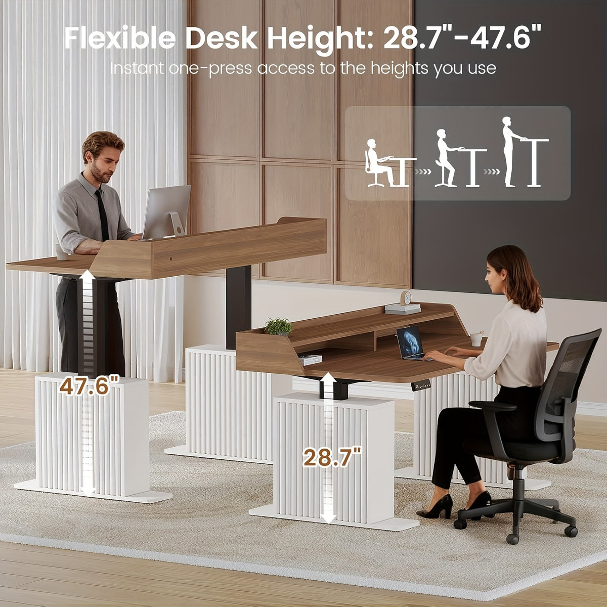 Farmhouse Standing Desk with Storage--55" Height Adjustable Home Office Desk with Power Outlets & LED Lights--Fluted Design Computer Desk with Monitor Stand--Perfect for Modern Home Office Decor--Stylish and Functional Workspace Solution--White/Brown