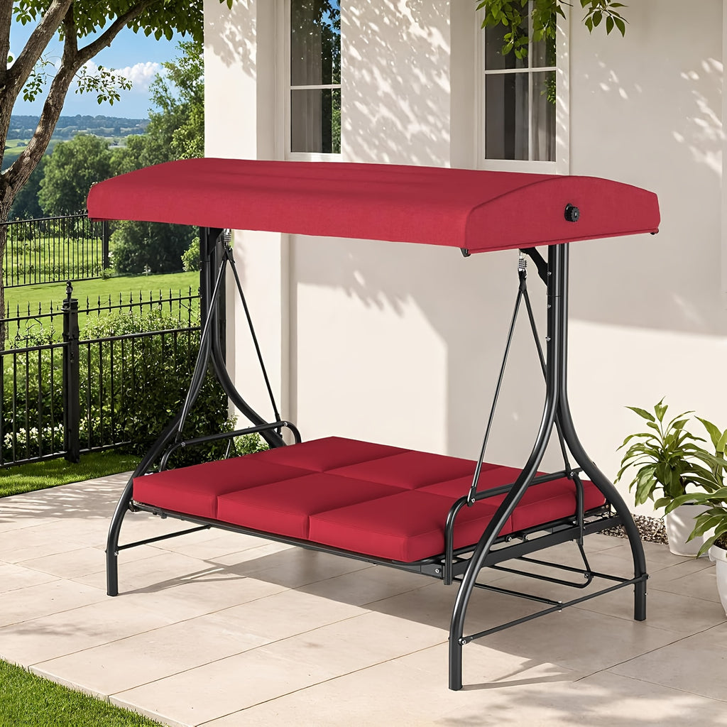 3 Person Patio Porch Swing Outdoor Converting Swing Glider Hammock with Adjustable Canopy, Cushions for Outside Backyard, Garden(Pillow Not Included)