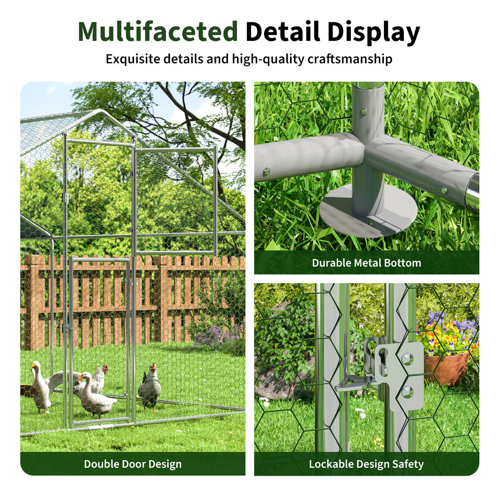 Walk-In Chicken Run with Feeding Port and UV-Resistant Cover, Galvanized Outdoor Poultry Enclosure