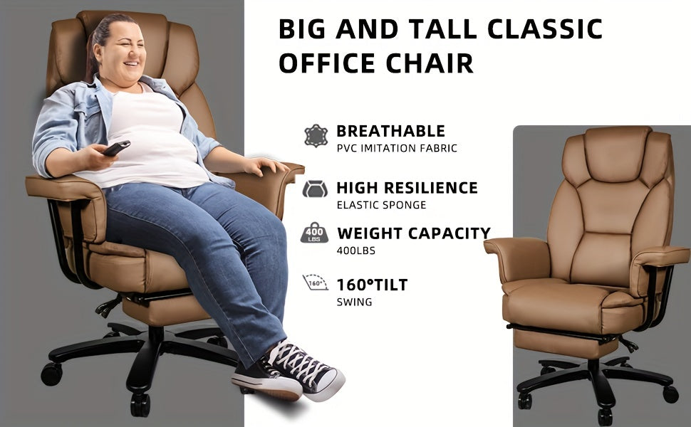 Executive Office Chair — 160° Recline and Footrest for Spacious 400LB Home Office Seating with Casters