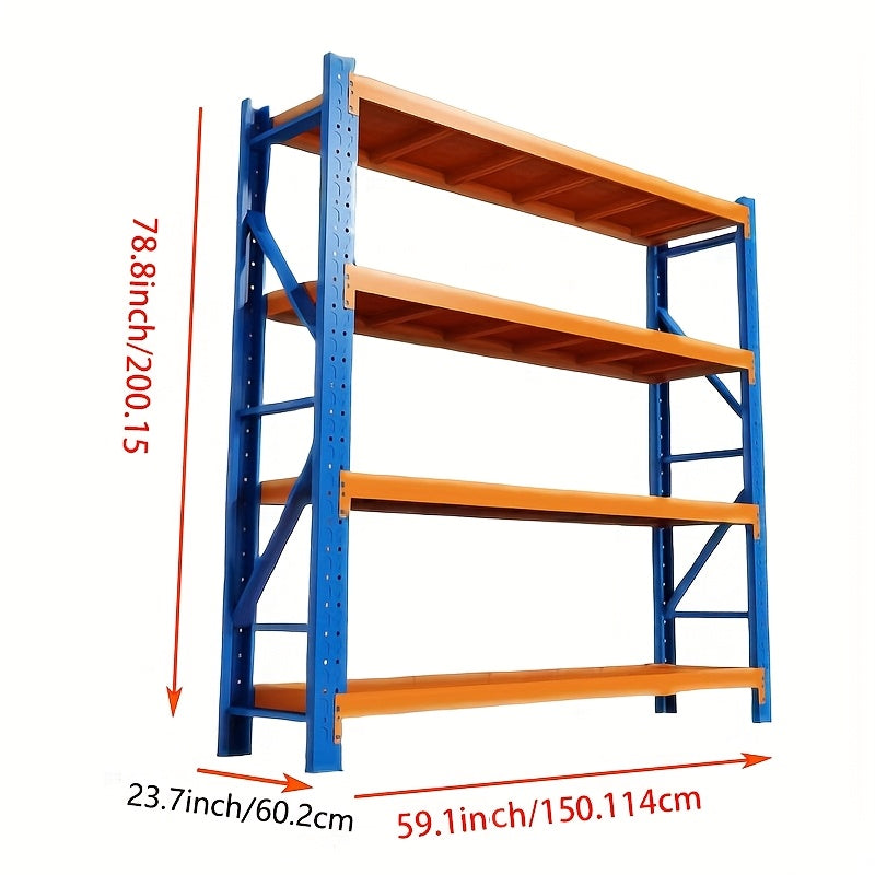 [4-Tier Garage Storage] Heavy-Duty Garage Shelving, 4-Tier Adjustable Garage Storage Metal Rack. For Home, Garage, Basement, And Laundry Room. Dimensions: 23.7" Deep X 59.1" Wide X 78.8" High. Color: Blue-Orange Storage And Organization