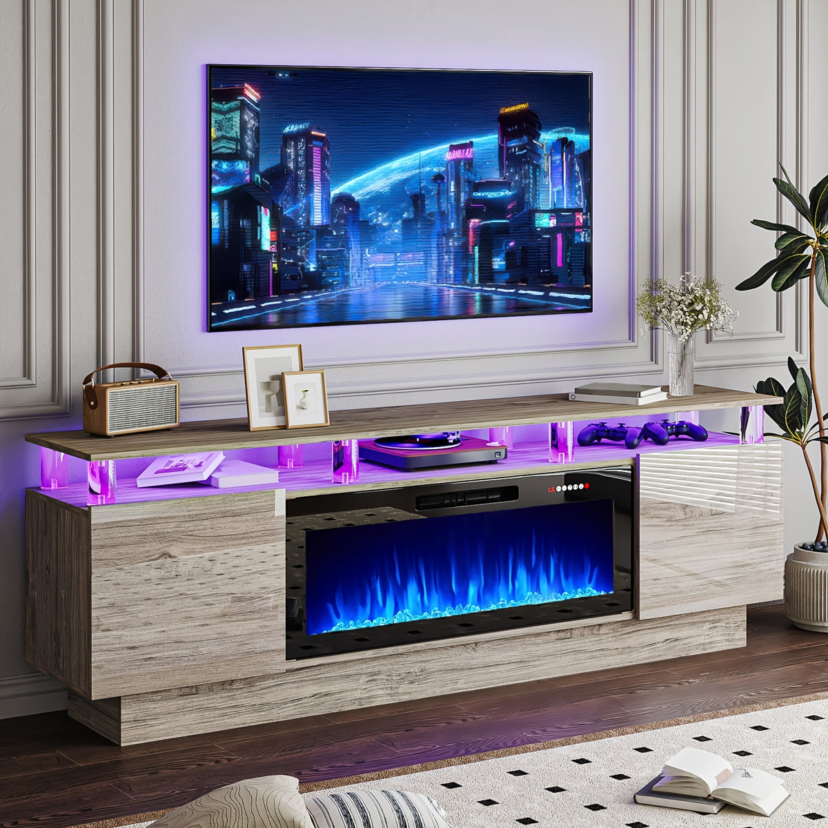 Fireplace TV Stand with 36-Inch Electric Fireplace, 70-Inch LED Light Entertainment Center with High Gloss Cabinet, 2-Tier Modern Wood Media TV Console for Living Room