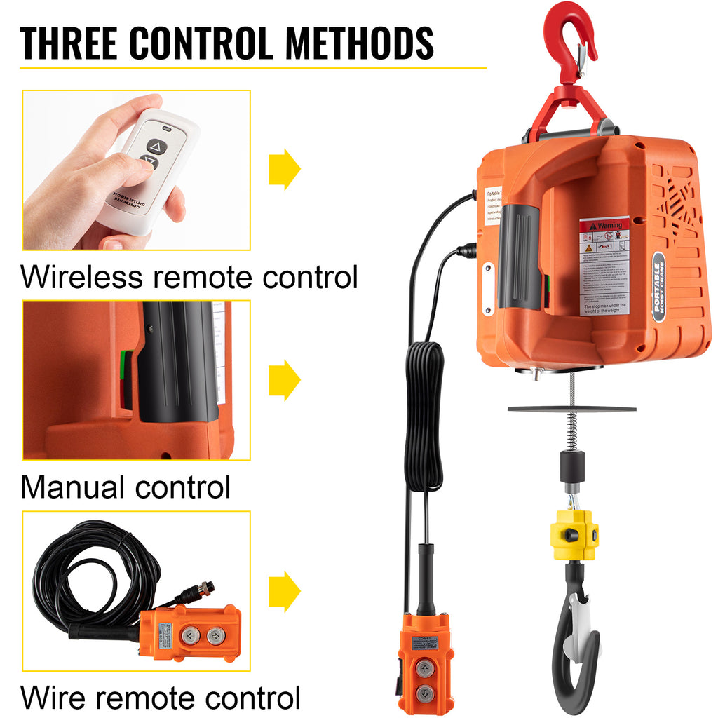 VEVOR 3-in-1 Electric Hoist Winch, 1100lbs Portable Electric Winch, 1500W 120V Power Winch Crane, 25ft Lifting Height, w/Wire and Wireless Remote Control, Overload Protection for Lifting Towing
