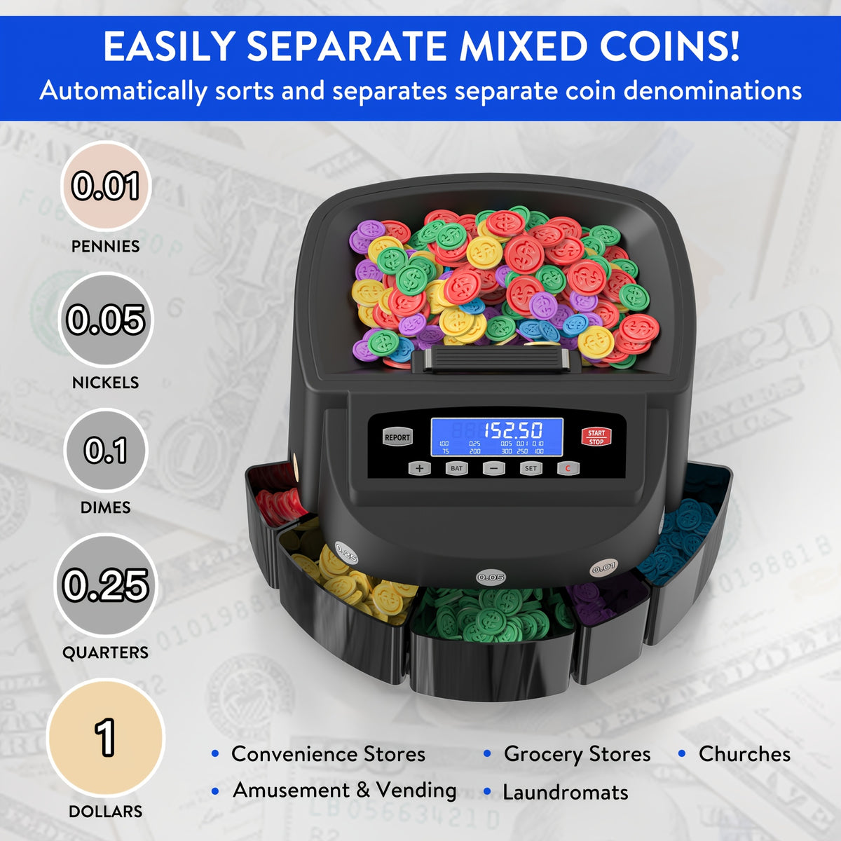 Coin Counter Machine Sorter, Change and Wrapper Roller Counting Organizer, Sorts up to 300 Coins Per Minute, Automatically Sorts and Batches, Office Supplies