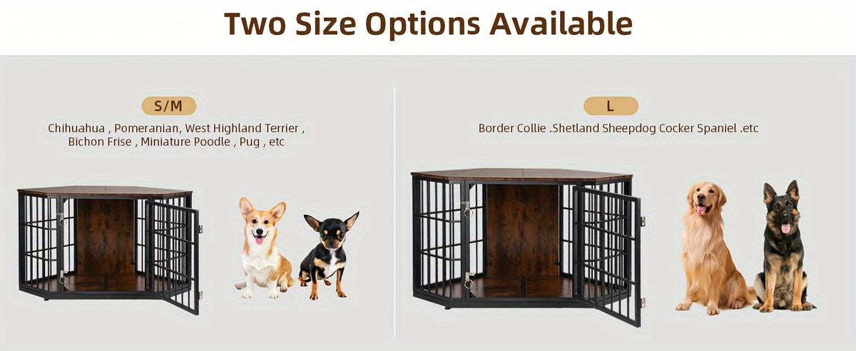 47"/52" Heavy Duty Corner Dog Crate Furniture - Rustic Brown Wooden Dog Cage with Double Sturdy Locks, Space-Saving Indoor Kennel & Side Table for Medium Dogs, Multi-Functional Pet House with Cushioned Floor & Decorative Top