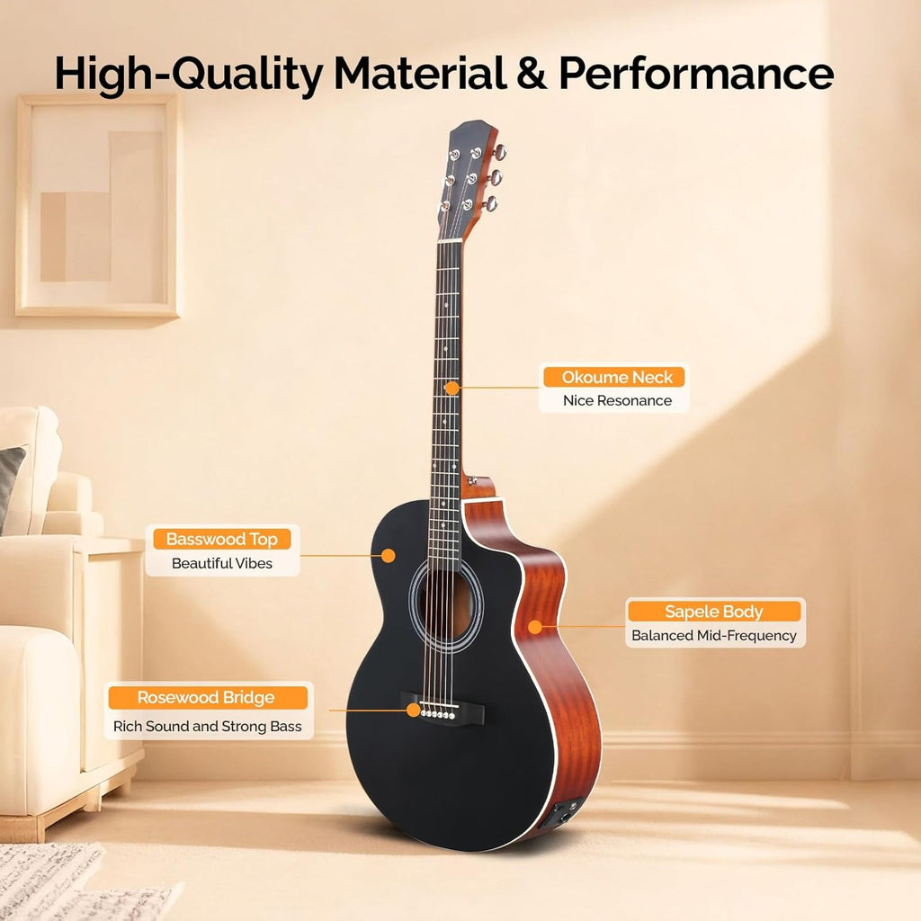 41'' JF Style Full Size Acoustic/Electric Guitar Kit Suitable for Beginners - Right-Handed 6-String Electric Guitar with Cutaway Body, Wood, Tuner, Bag, Strap & Strings - Maple Neck Electric-Acoustic for Practice