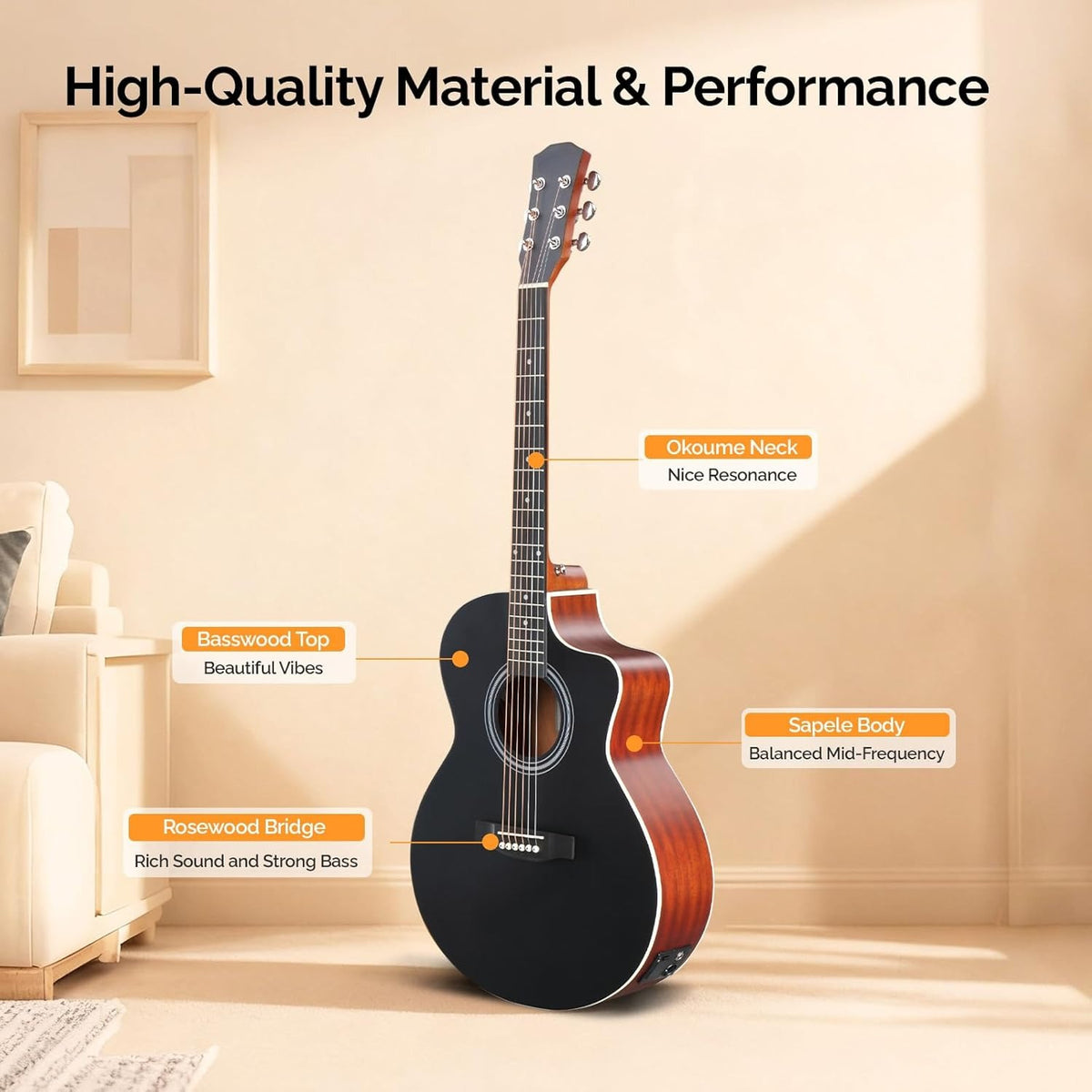 41'' JF Style Full Size Acoustic/Electric Guitar Kit Suitable for Beginners - Right-Handed 6-String Electric Guitar with Cutaway Body, Wood, Tuner, Bag, Strap & Strings - Maple Neck Electric-Acoustic for Practice