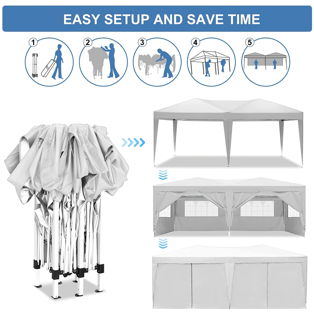 10X20ft Pop Up Wedding Party Tent with 6 Sidewalls, Heavy Duty Commercial Outdoor Canopy All Season Wind & Waterproof Canopy Gazebo with Storage Bag