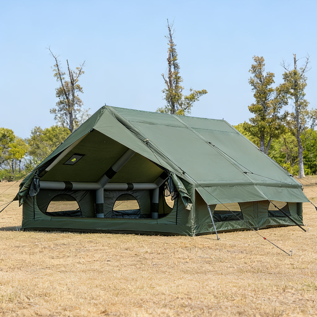 129 Sq.ft Inflatable Camping Tent | Outdoor Blow Up Tent Oxford 4 Season Air Tent Cabin House with Mesh Windows & Door, PVC & Polyester Material, Double Door, 2000mm-3000mm, Suitable for All Seasons