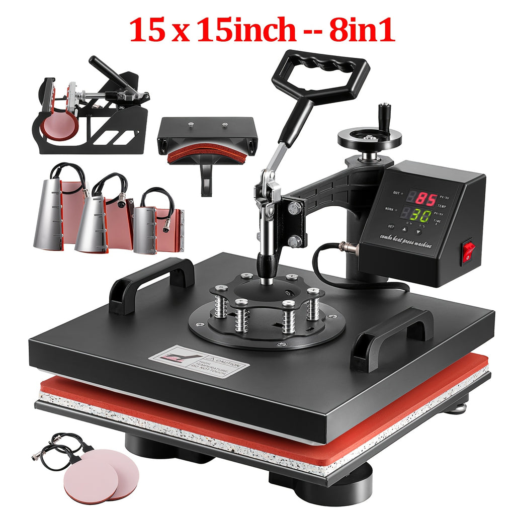 8-in-1 Heat Press Machine, Equipped with 15x15 Inch / 15x12 Inch Pressure Plates, 360° Rotating T-shirt Heat Transfer Machine, Digitally Controlled Dual LED Display, Suitable for Sublimation Transfer on T-shirts, Hats, Mugs, Plates, and Other Items