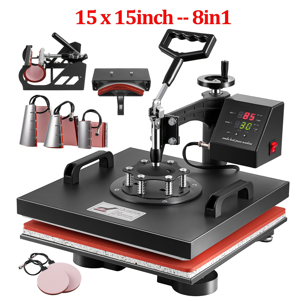 8-in-1 Heat Press Machine, Equipped with 15x15 Inch / 15x12 Inch Pressure Plates, 360° Rotating T-shirt Heat Transfer Machine, Digitally Controlled Dual LED Display, Suitable for Sublimation Transfer on T-shirts, Hats, Mugs, Plates, and Other Items