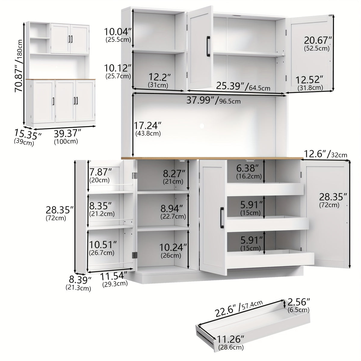 71-Inch Tall Kitchen Pantry Cabinet Featuring Three Pull-Out Drawers, Spacious Storage with Hutch And Door Shelves, And a Pantry Organizer That Includes a Microwave And Coffee Stand for The Dining Area, in White