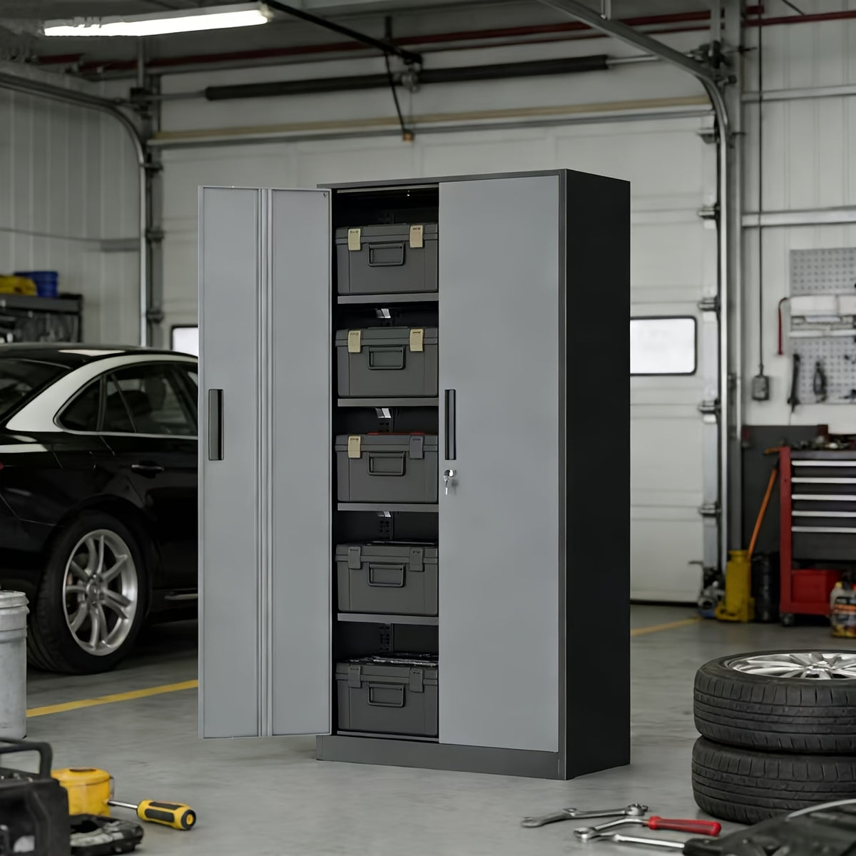 Lockable Metal Storage Cabinet |72-Inch Black for Garage Storage Cabinet with 2 Doors And 4 Shelves, Suitable for Garages, Basements, And Repair Shops