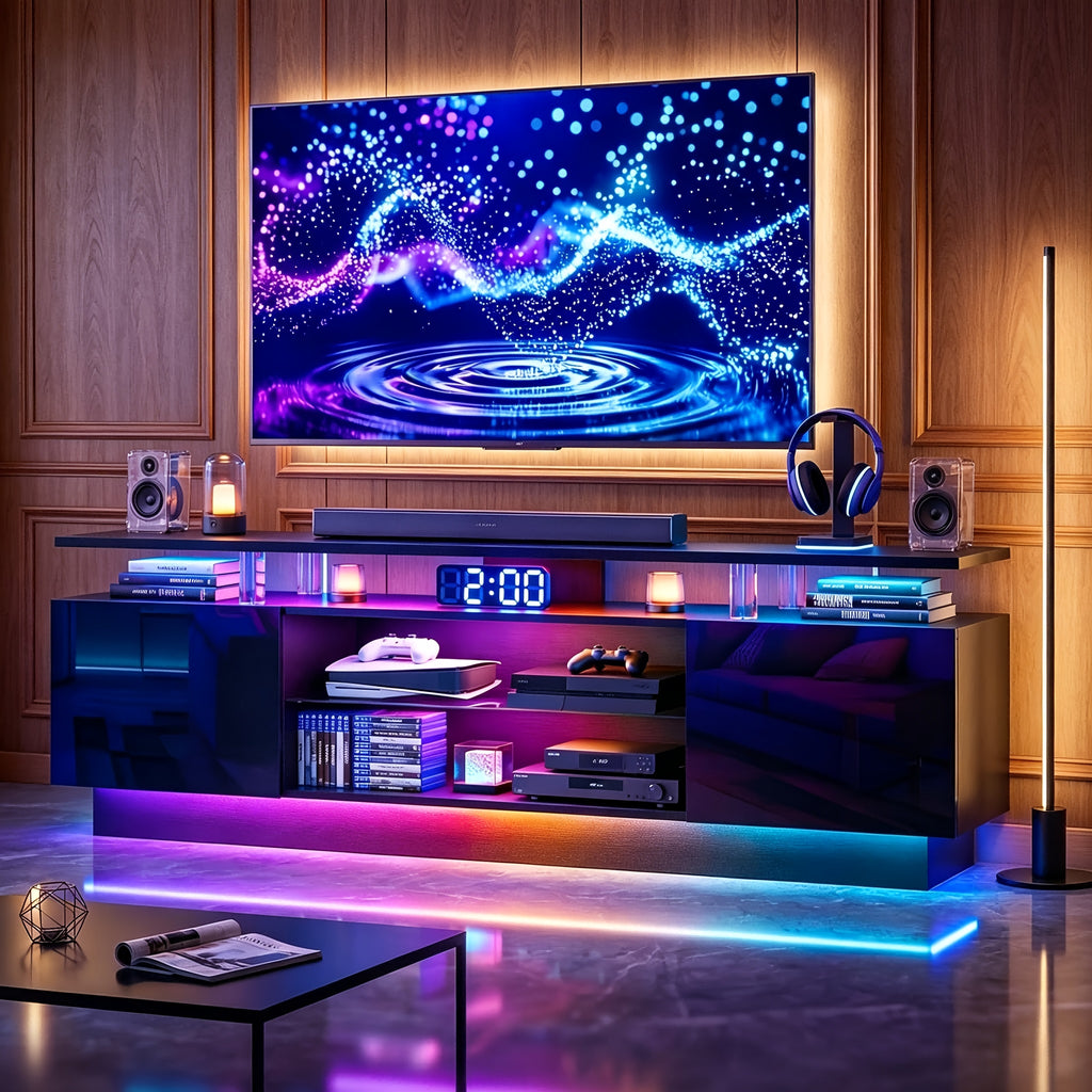 72"/82" High-Glossy TV Stand With 2 Side Cabinets, Modern Stylish TV Console With 3 Layer LED Lights, Gaming TV Media Console With Adjustable Glass Shelf, Black