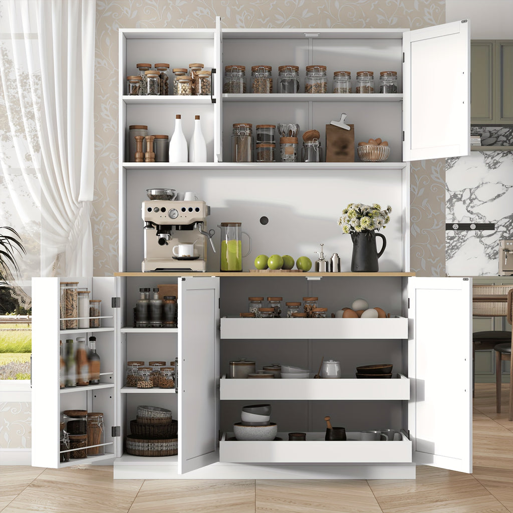 71-Inch Tall Kitchen Pantry Cabinet Featuring Three Pull-Out Drawers, Spacious Storage with Hutch And Door Shelves, And a Pantry Organizer That Includes a Microwave And Coffee Stand for The Dining Area, in White