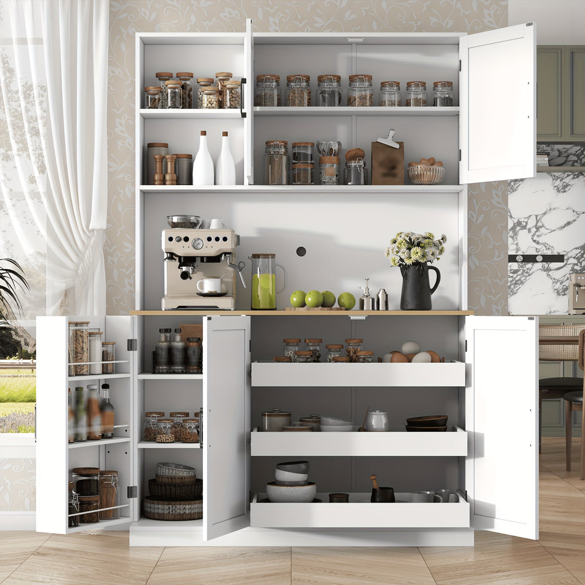 71-Inch Tall Kitchen Pantry Cabinet Featuring Three Pull-Out Drawers, Spacious Storage with Hutch And Door Shelves, And a Pantry Organizer That Includes a Microwave And Coffee Stand for The Dining Area, in White
