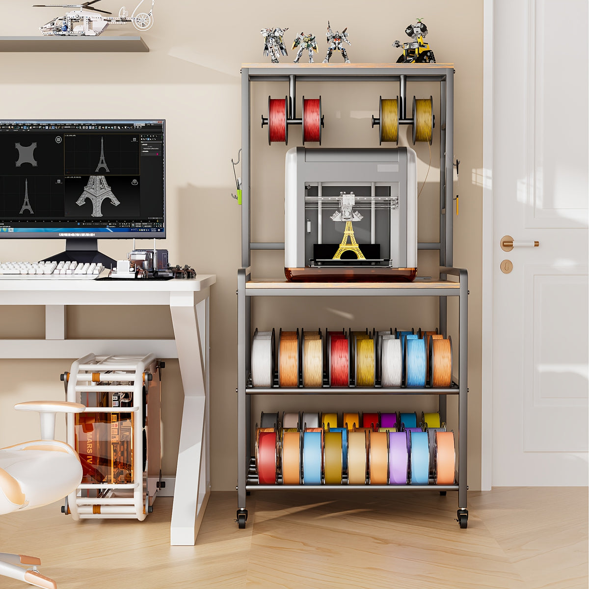 Printer Stand with Charging Station, Large 3D Printer Table with Filament Storage, Heavy Duty Rolling 3d Printing Stand Filament Organizer with 4-Tier Storage for Workshop/Office/Garage