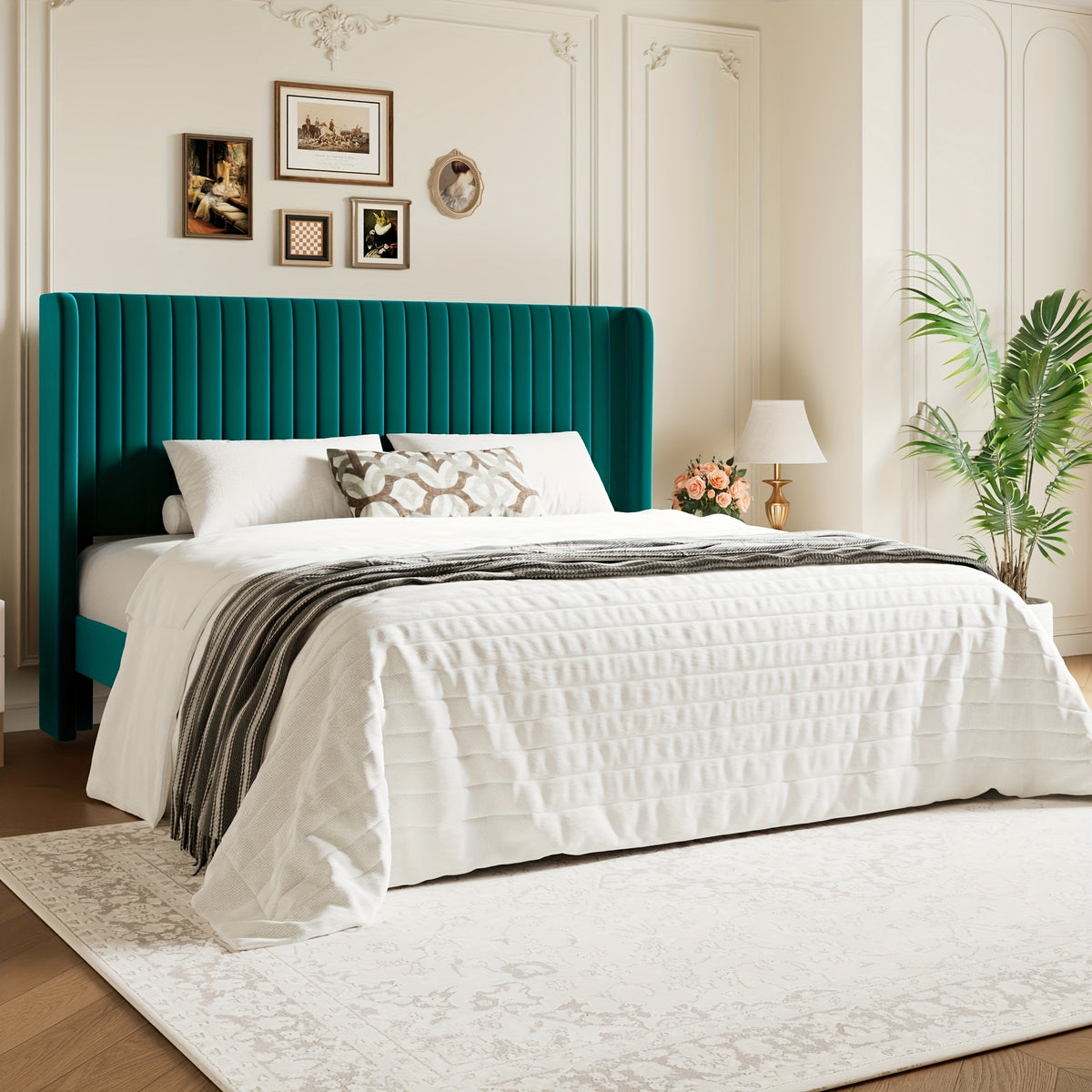 WEEWAY Wingback Velvet Upholstered Platform Bed Frame, Vertical Channel Tufted Headboard, Wooden Slats Support, Heavy Duty Mattress Foundation, No Box Spring Needed, Easy Assembly, Avabliable Full/Queen/King Size, Free Shipping