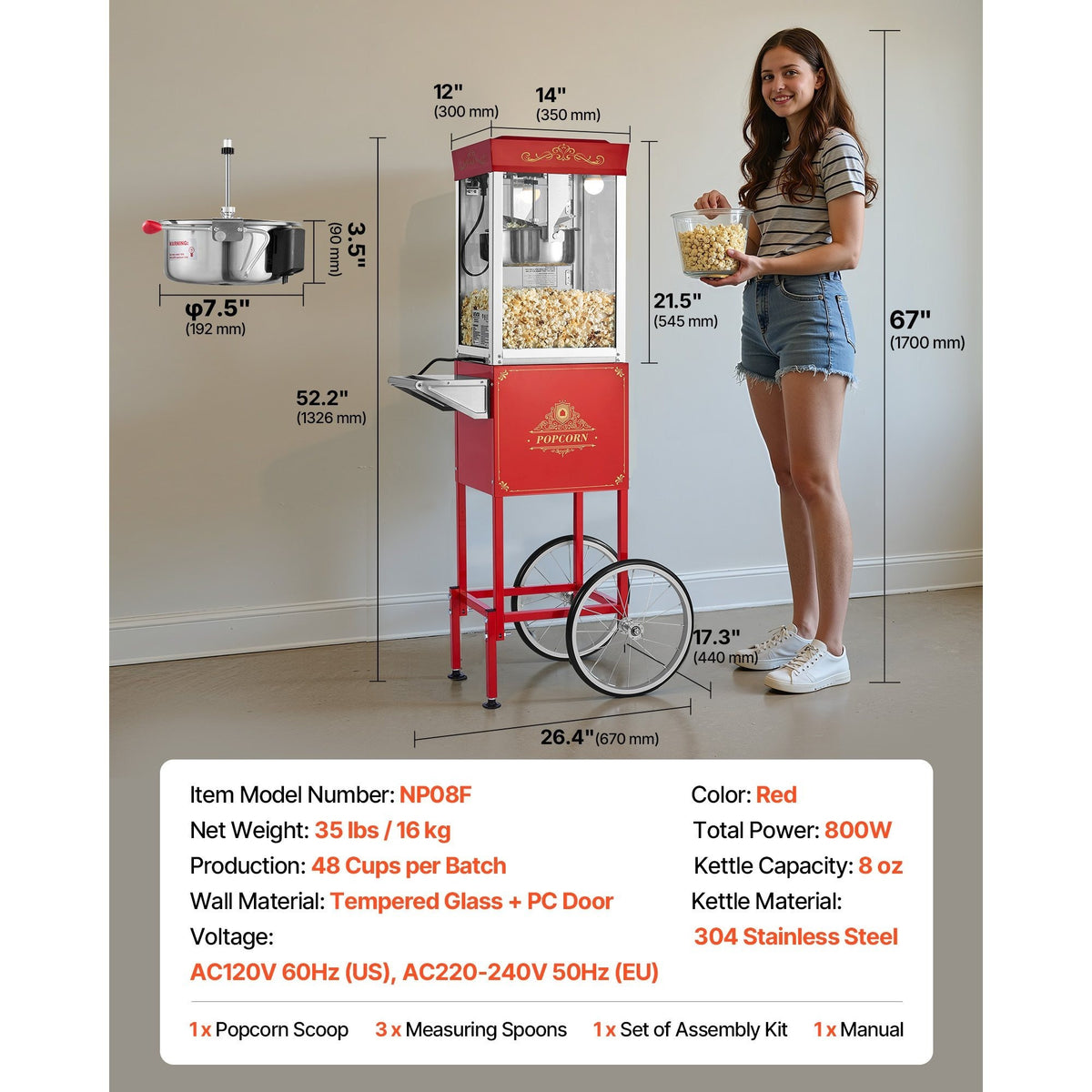 VEVOR Popcorn Machine with Cart Popcorn Popper Maker 800W 8oz Kettle 48 Cups Black/ Red/ White