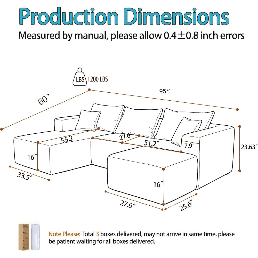 95 Inch L-Shaped Sectional Sofa, Fluffy Corduroy Cloud Sleeper Couch, Free Combination Boneless Sofa with Wide Chaise And Ultra-Deep Seating, Cozy Lounge Furniture for Apartment, Living Room, Easy Setup