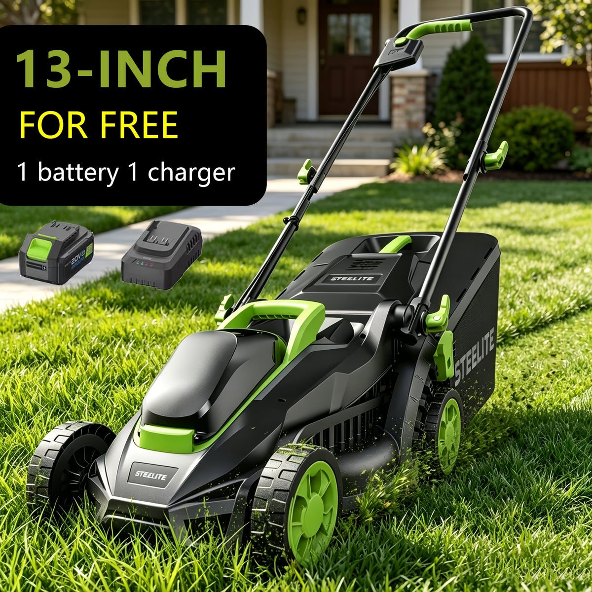Deli Steelite 13" 21V Cordless Lawn Mower, Brushless Electric Push Mower, 5-Height Adjust, 8-Gallon Bag, 4.0Ah Battery (1 Or 2 Pack)