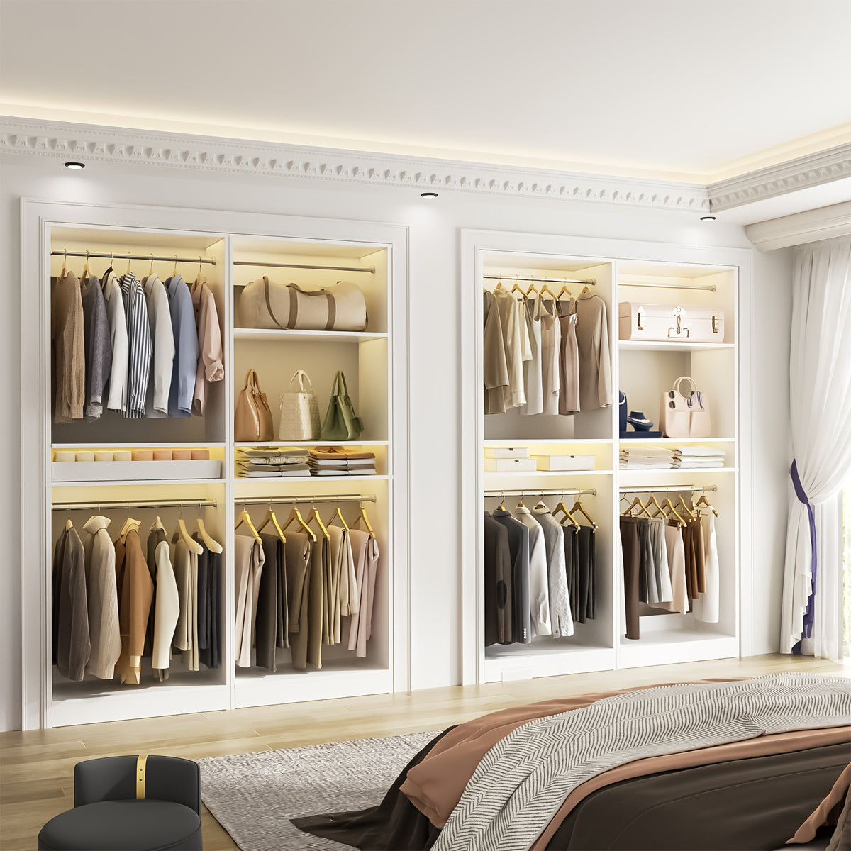 Besiost 50 Inch Closet System, 4.2ft Closet Storage Organizer with Hanging Rods And Shelves, Sturdy Walk In Wardrobe Closet Tower, Adjustable Clothes Garment Rack, Easy Assembly, Set Of 2, White