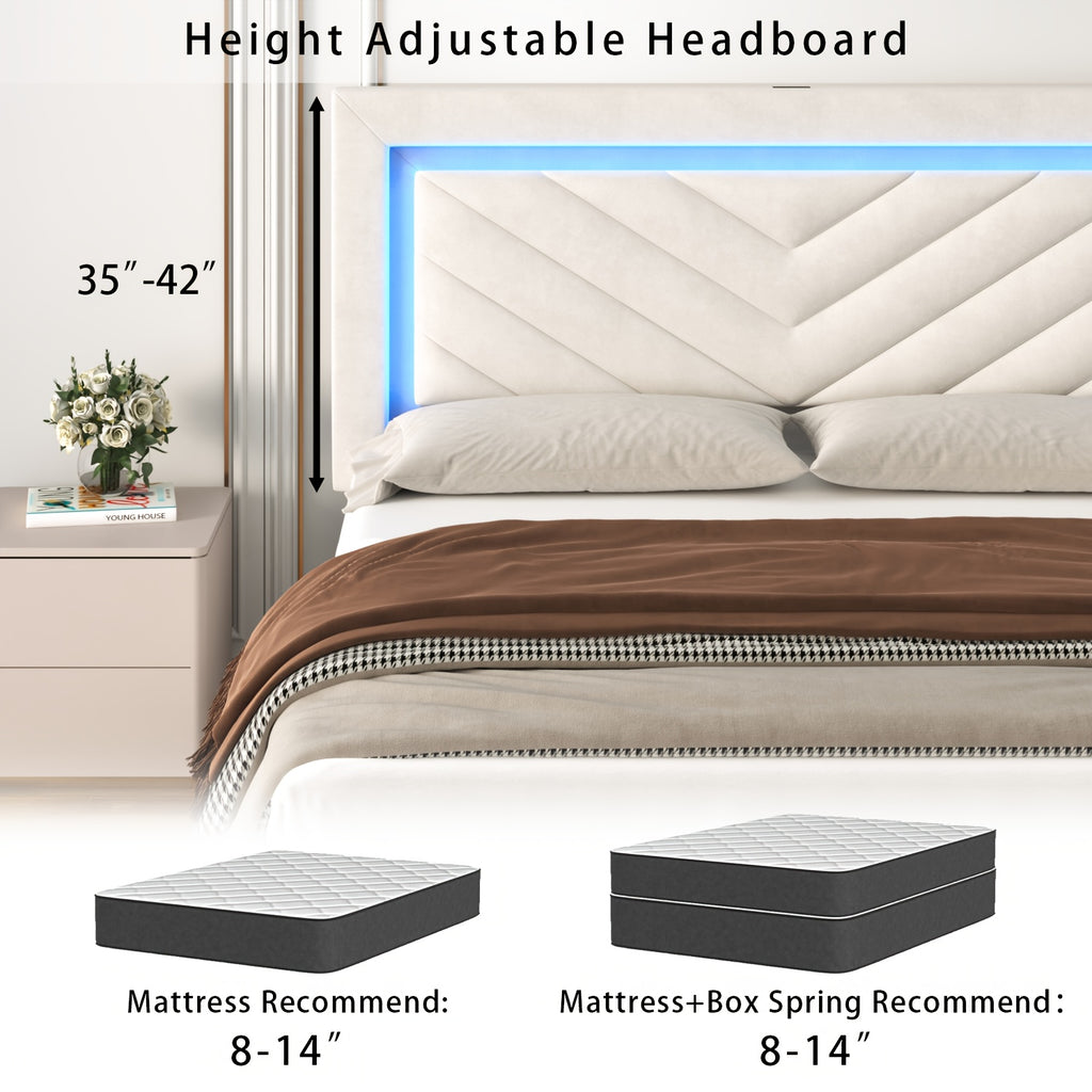 Platform Bed Frame with LED Adjustable Headboard, Upholstered Bed Frame with Storage Drawers And Charging Station, Twin, Full, Queen, No Box Spring Needed, Noise Free
