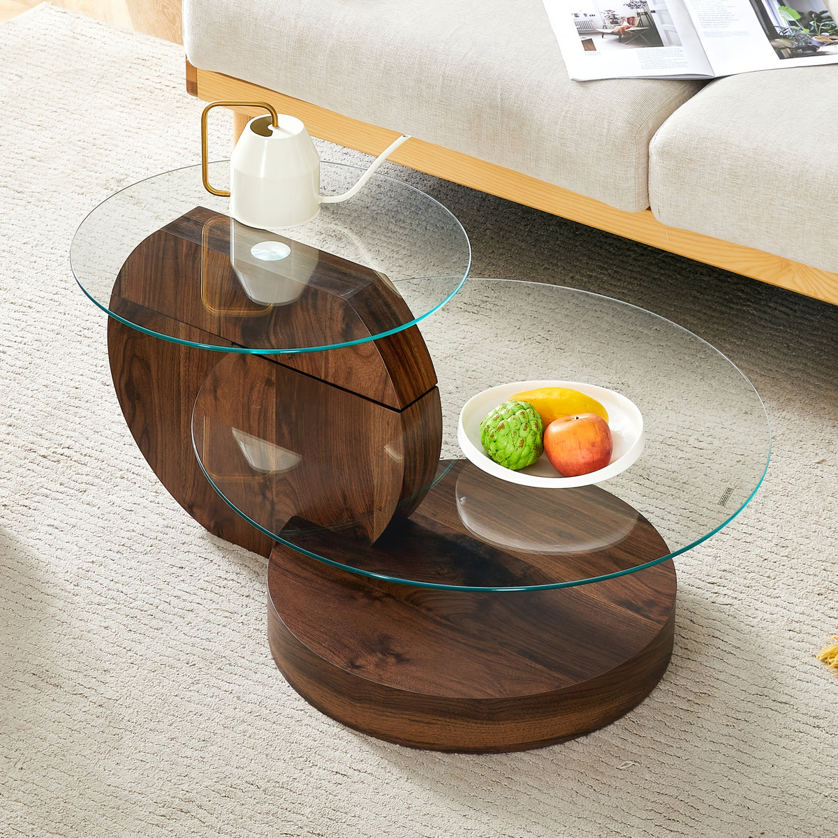 Glass Coffee Table for Small Spaces with Three-Tier Storage and a Clear Tempered Glass Top