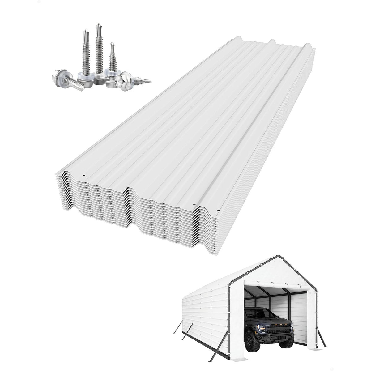 Heavy Duty Metal Carport Roofing Panels, 27 Gauge Galvanized Steel Ribbed, White, Fits 13x16 Ft To 13x26 Ft Carport Kits, 16pcs, 64. 17 X 19. 68 Inches(Roofing Panels Only)