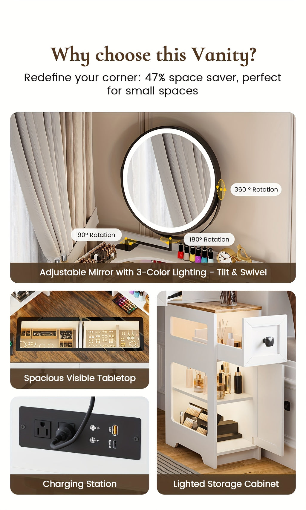 Dystler Corner Vanity With Mirror And Lights, Modern Makeup Vanity Set With Charging Station For Bedroom/Cloakroom, Glass Top Vanity Table With Drawers And Shelves, White