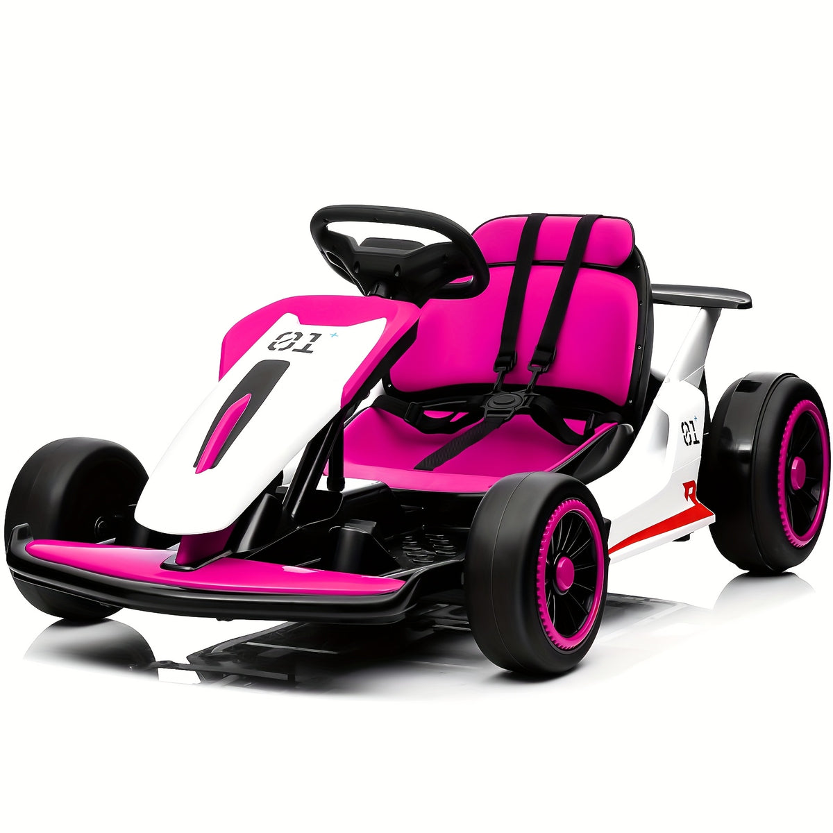 Kids Electric Ride-On Car with 4 PP Foam Tires, 110LBS Max Load, 5-Point Seat Belt, Music Mode & Dual Brake - Exciting Racing Experience for Ages 6+ (Red/Blue)