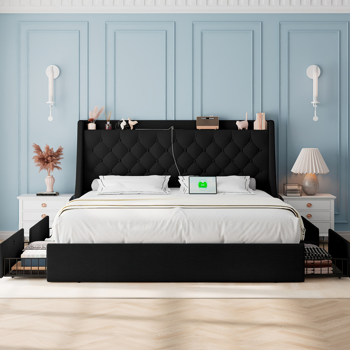 Bed Frame with Charging Station, Linen Fabric Storage Headboard, Storage Drawers on Both Sides, Solid Wood Slats Support
