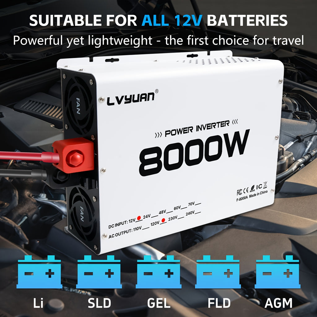 LVYUAN Power Inverter, 8000W (peak), 12V DC to 110V/120V AC Converter, Suitable for Homes, RVs, Boats, Off-grid Solar Systems, And Vehicles. Features USB Charging Ports, 4 AC Power Outlets, Dual USB Ports, An LCD Display, And A Remote Control.