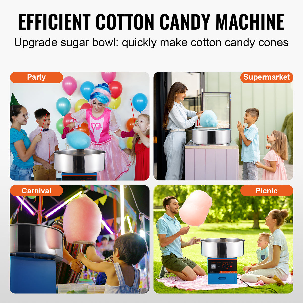 VEVOR Electric Cotton Candy Machine, Commercial Cotton Candy Machine with Stainless Steel Bowl, Sugar Scoop, and Drawer, Perfect for Home Kids Birthday, Family Party, Blue