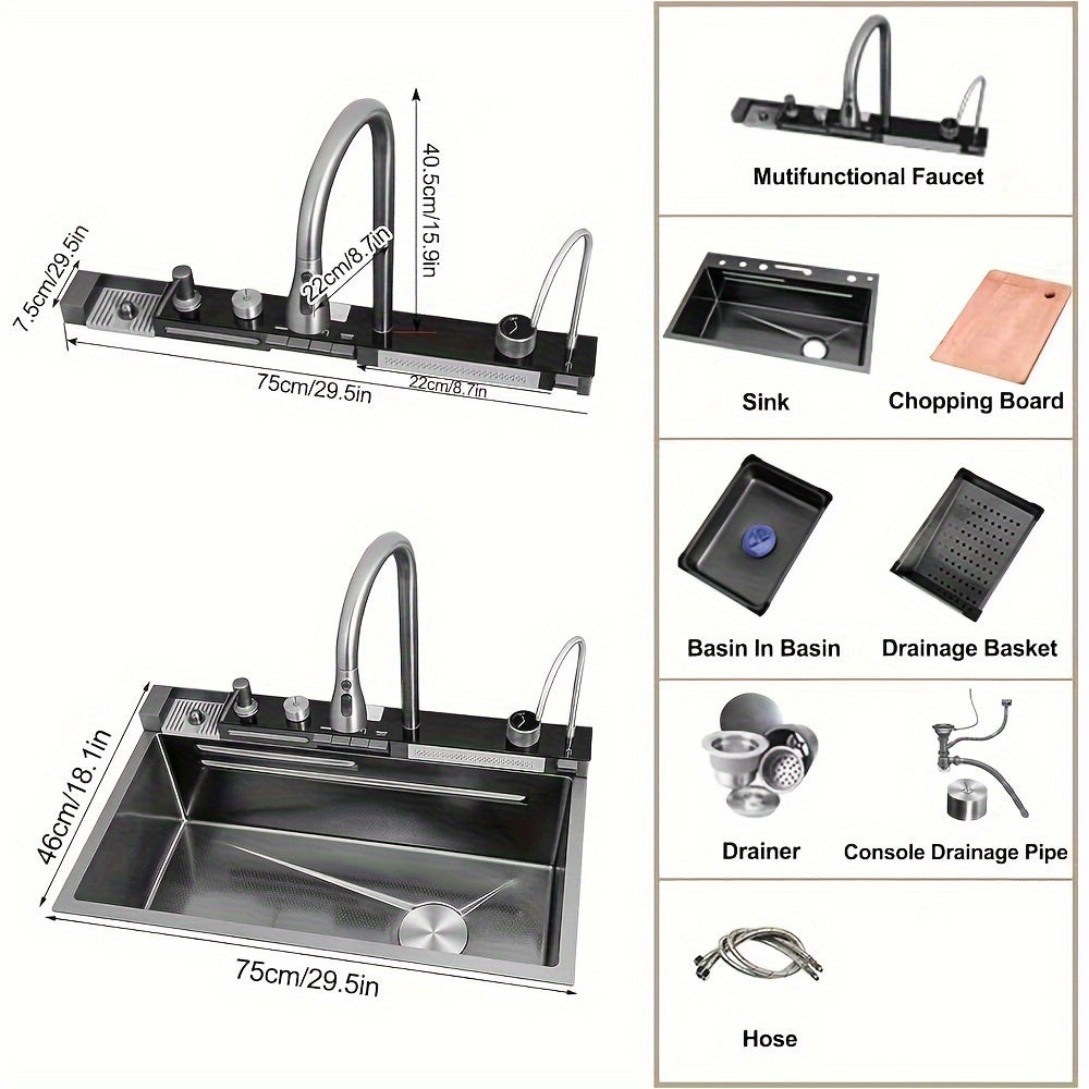 Smart Waterfall Kitchen Sink, 31.5"x17.7" Drop In Stainless Steel | Digital Display, Large Single Bowl, Workstation, Pull-Out Faucet, Multi-Function Spray, Lead-Free, Rust-Proof, Easy Clean
