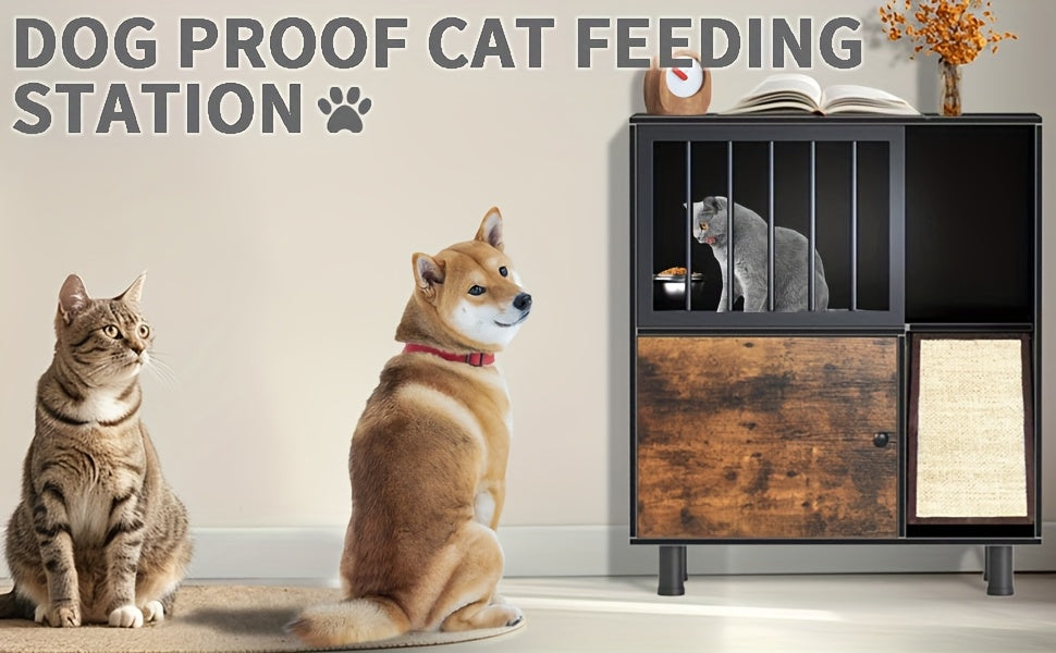 Dog-Proof Wood Cat Feeding Station with Lockable Storage And 2 Removable Stainless Steel Bowls - Anti-Spill Cat Condo with Scratching Board for Indoor Multi-Pet Homes