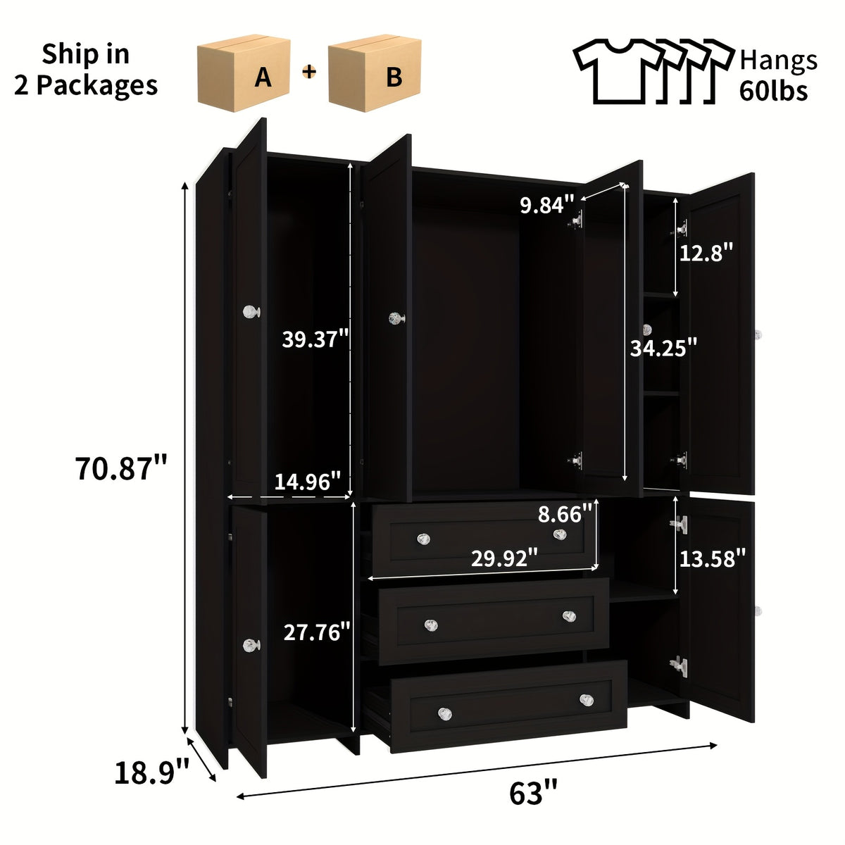 31.5"/47"/63" Large Wardrobe Armoire Closet with Hanging Rod, Mirror And Doors, Drawers & Shelves, for Bedroom