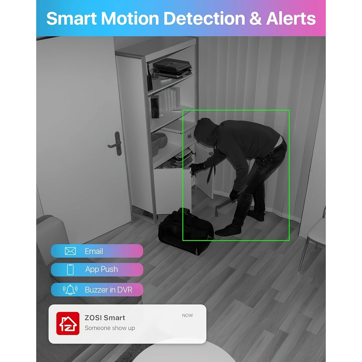 8-Channel 5MP Lite H.265+ ZOSI Wired Security Camera System - AI Human Vehicle Detection, 4-in-1 Output Signal, 8 x 1080P Surveillance Cameras with 60FT BNC Cables, Email Alert with Snapshots (No Hard Drive)