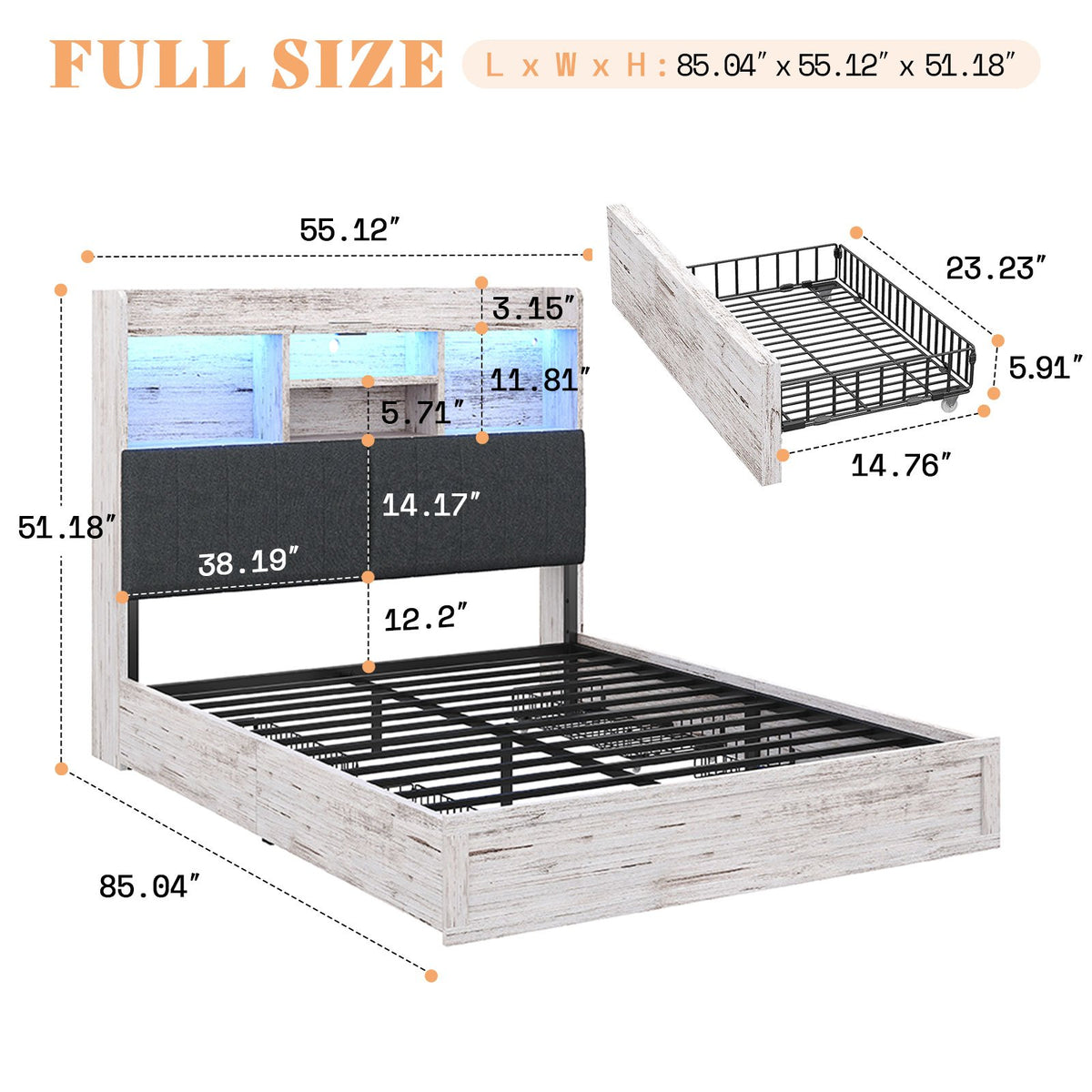 Platform Bed with 4 Storage Drawers, 51.2" Tall LED Bed Frame with Bookcase Headboard, Linen Upholstered, Charging Station& Hidden Storage Area, No Box Spring Needed