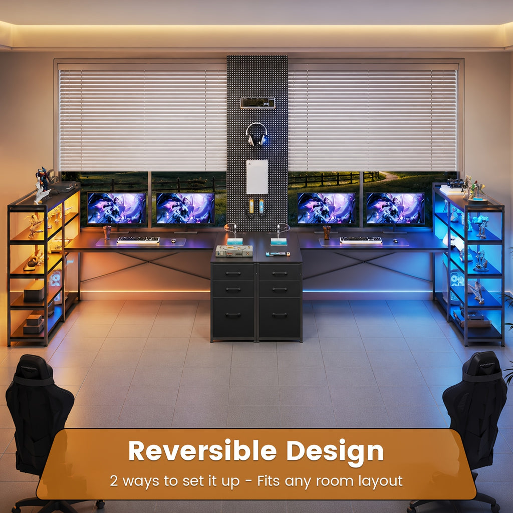 L-Shaped Desk with Storage Shelves, 64.5" Reversible U-Shaped Office Desk with 3 Fabric Drawers, Gaming Desk with Power Outlet & LED Strip, Large PC Workstation for Home Office, Brown/Black/White/Gray