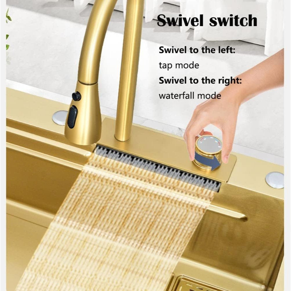 33x22 INCH Gold Flying Rain Drop In Stainless Steel Watefall Kitchen Sink Single Bowl with Pull Down Faucet Set